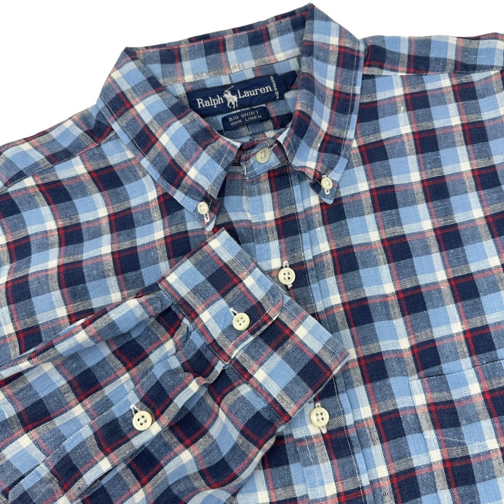 RALPH LAUREN Vintage Mens Blue Plaid Linen Big Shirt Button Down Pony Logo Large